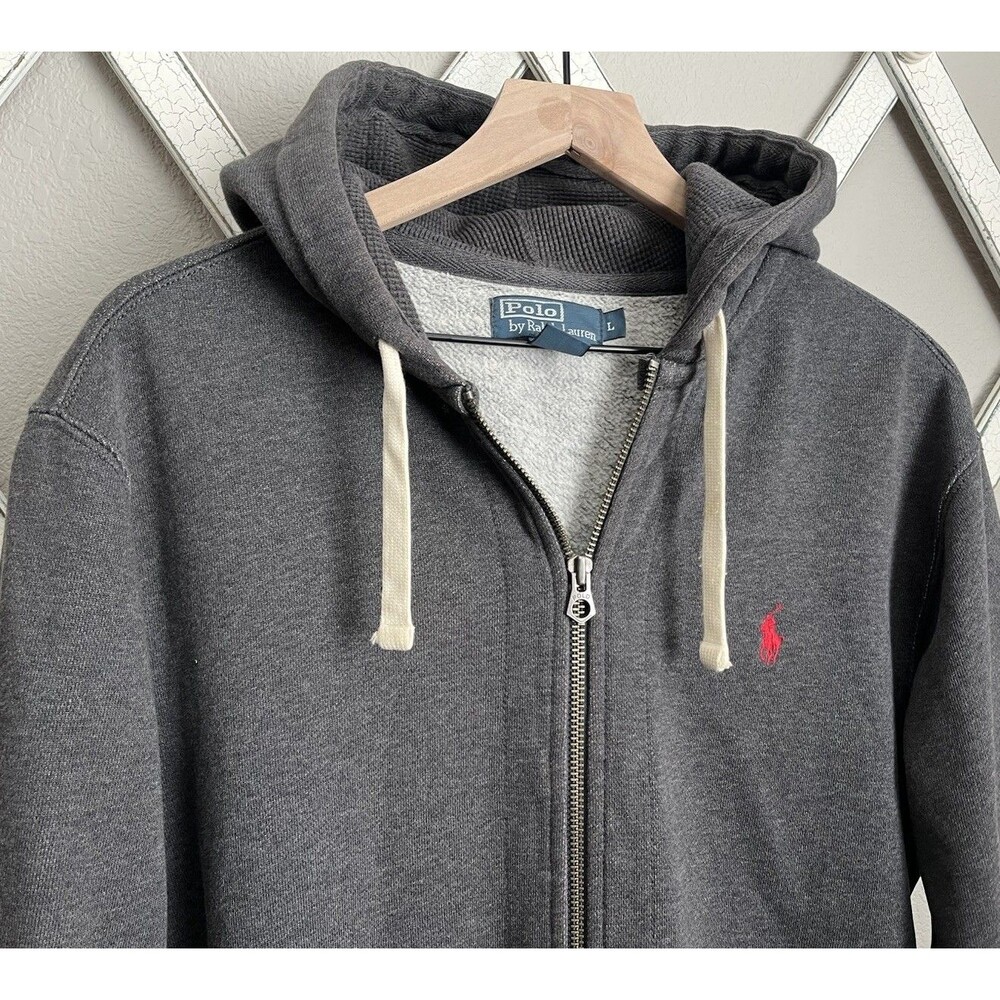 Polo by Ralph Lauren Men’s L Full Zip Hoodie Sweatshirt Jacket -Gray w/ Red Pony - Picture 6 of 9